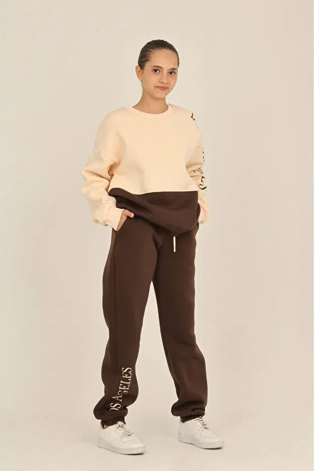 Детский спортивный костюм для девочек с принтом Los Angeles Printed Tracksuit Set Toontoy, Brown — фото 2