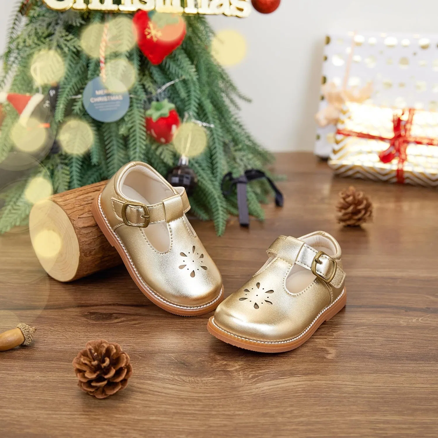 Детские туфли Мэри Джейн для девочек PHIRAMIN, Faux Leather Gold — фото 3