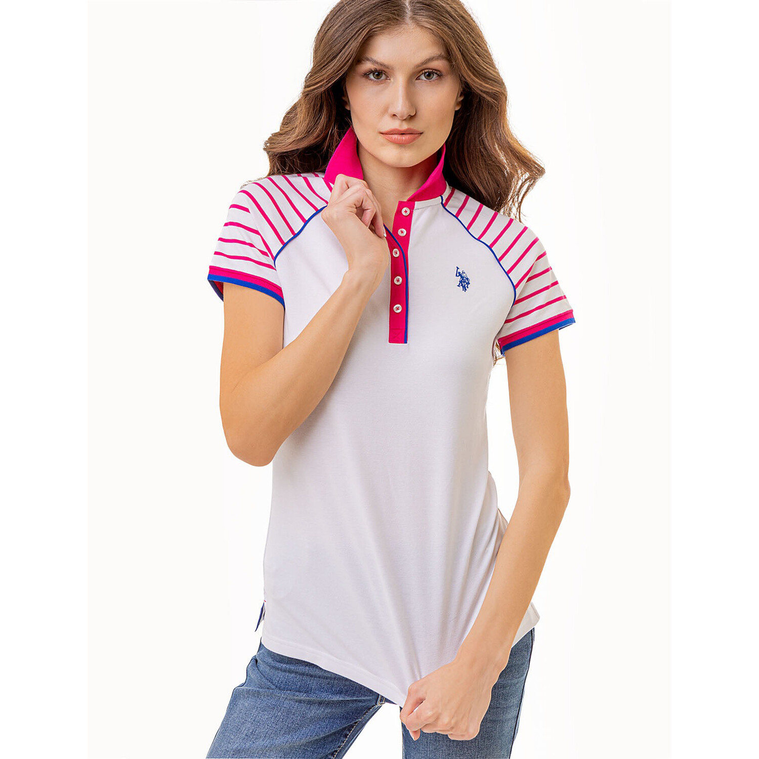 

Футболка-поло U.S. Polo Assn. Raglan Stripe, белый/розовый