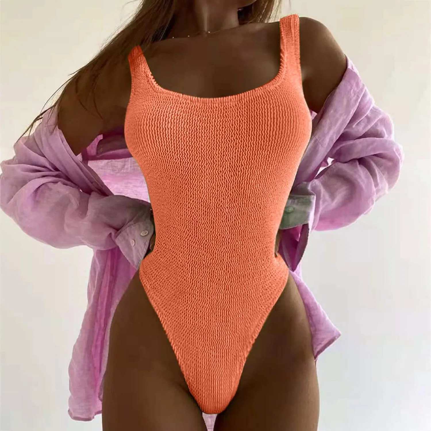 Женский слитный купальник с завышенной талией и утяжкой, Orange — фото 2