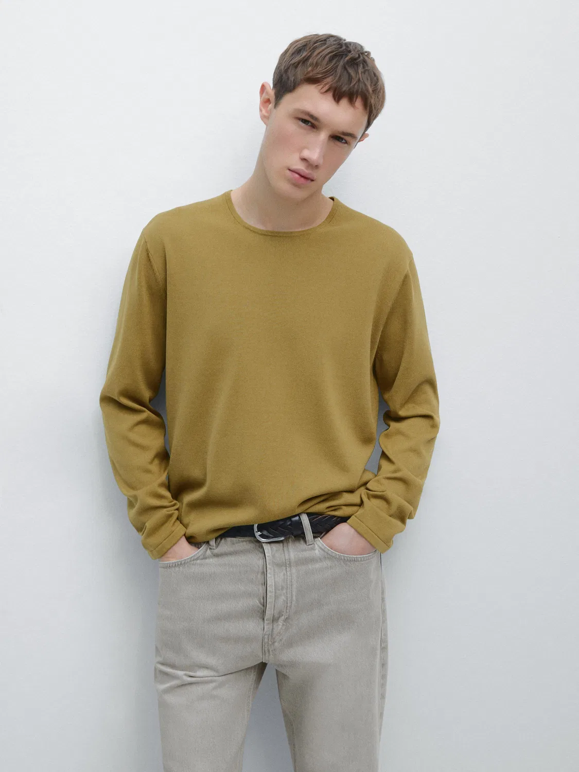 Вязаный свитер с круглым вырезом из 100% хлопка Massimo Dutti, оливковый — фото 2