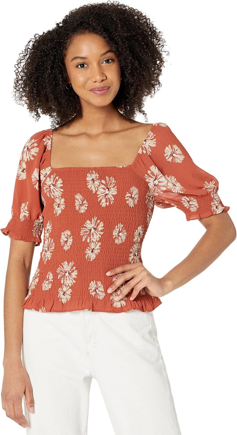 

Топ Madewell (Re)sourced Georgette Lucie Puff-Sleeve Smocked Bodice Top in Moody Blooms, цвет Rusty Torch