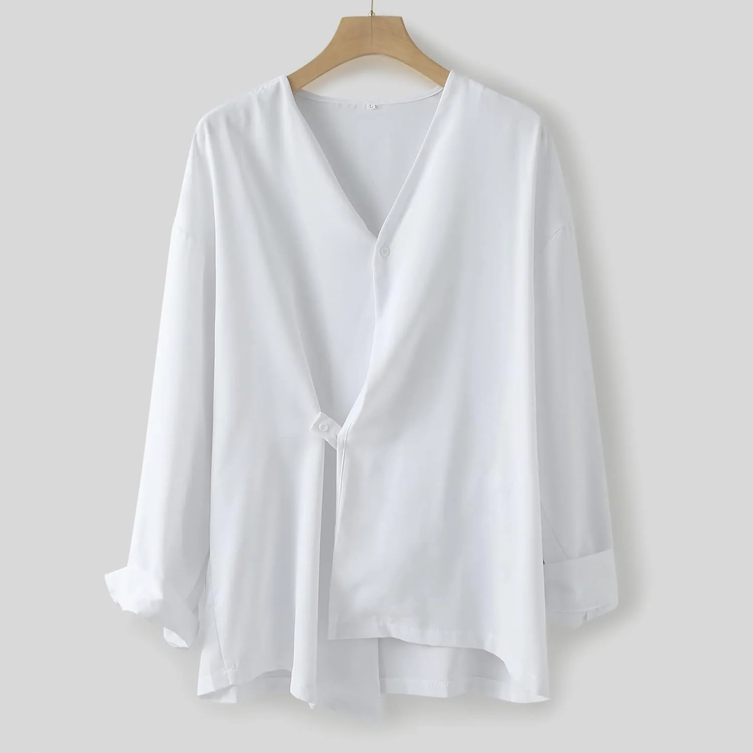 Мужская осенняя повседневная рубашка свободного кроя без воротника с длинными рукавами и асимметричным низом Generic, белый — фото 4