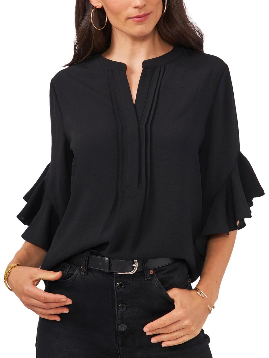 

Женская блузка с оборками на рукавах и разрезом на горловине Vince Camuto, цвет rich black