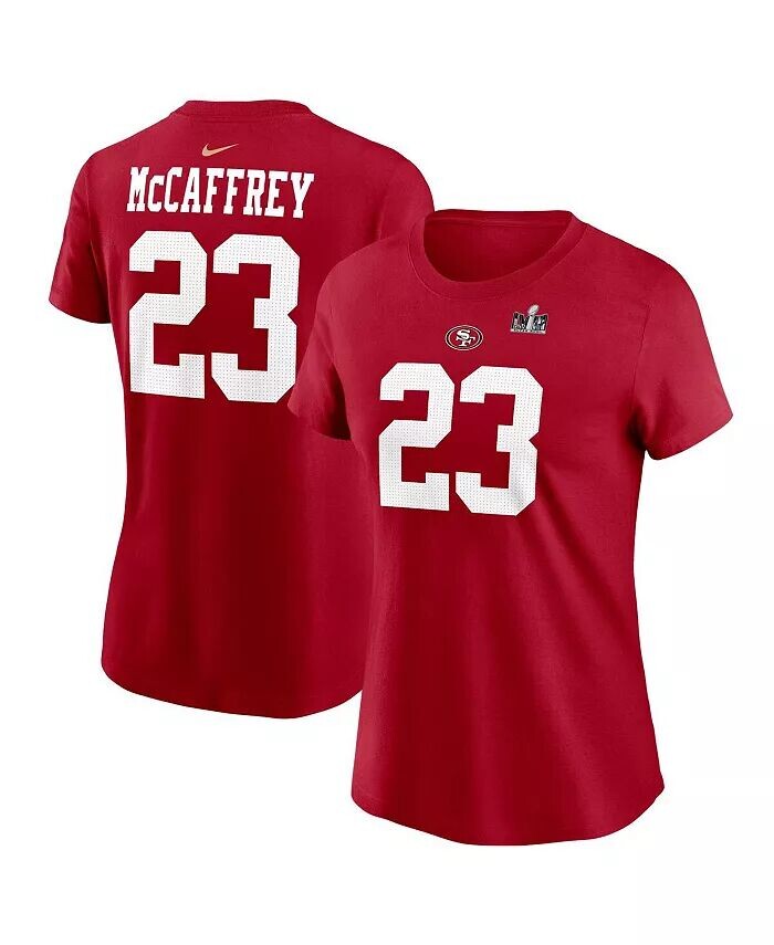 

Женская футболка Christian Mc Caffrey Scarlet San Francisco 49ers Super Bowl LVIII с нашивкой имени и номера игрока Nike, красный
