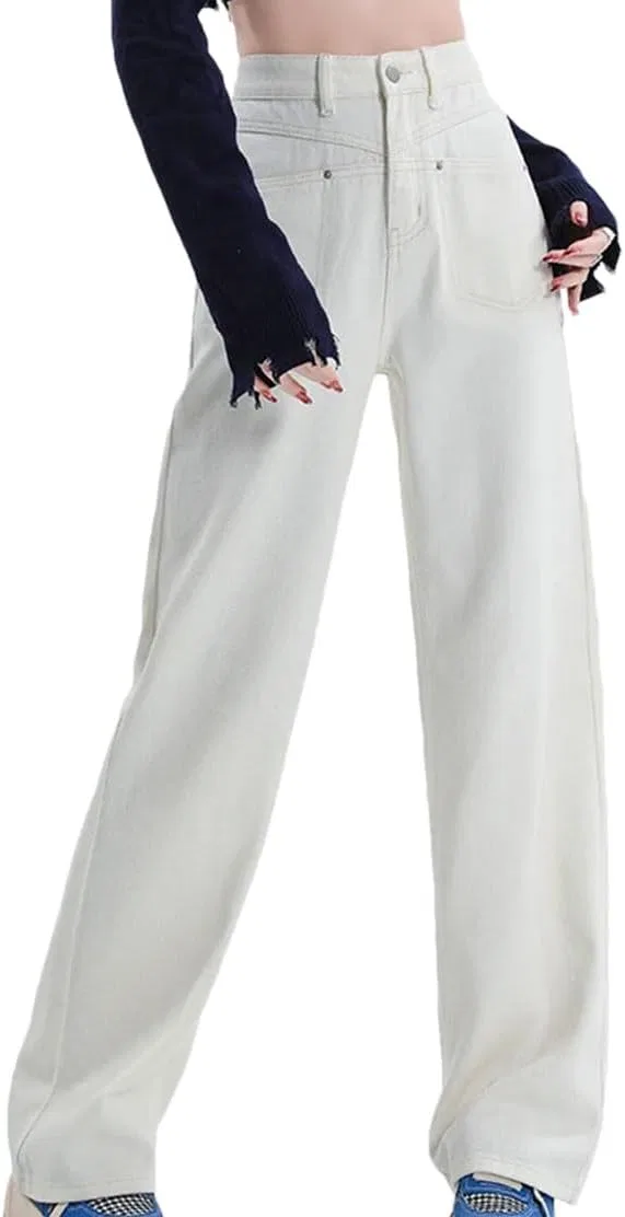 Джинсы свободные, High Waist, Beige