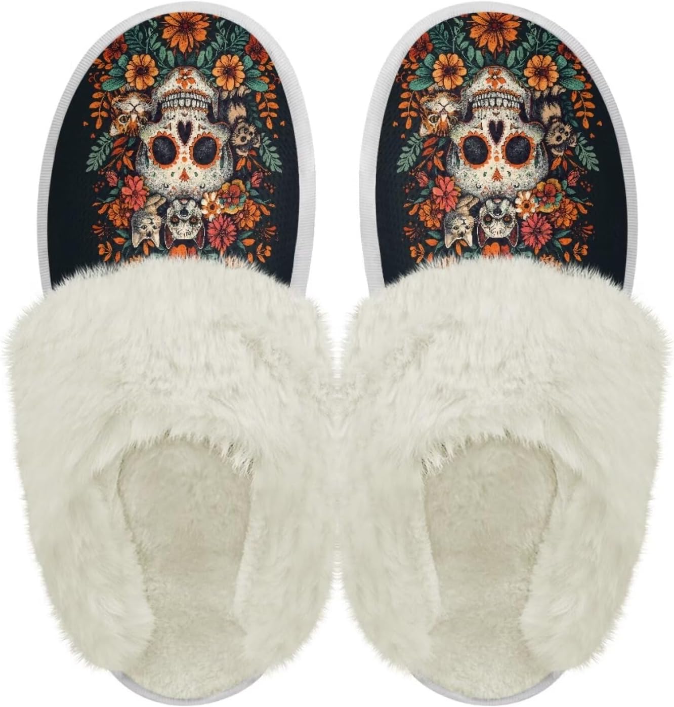 

Тапочки chaqlin Fuzzy из плюша для женщин и мужчин, мягкие, комфортные, легкие, из фланели с меховой отделкой, с нескользящей водонепроницаемой подошвой для дома и улицы, Skull Boho Floral Cat