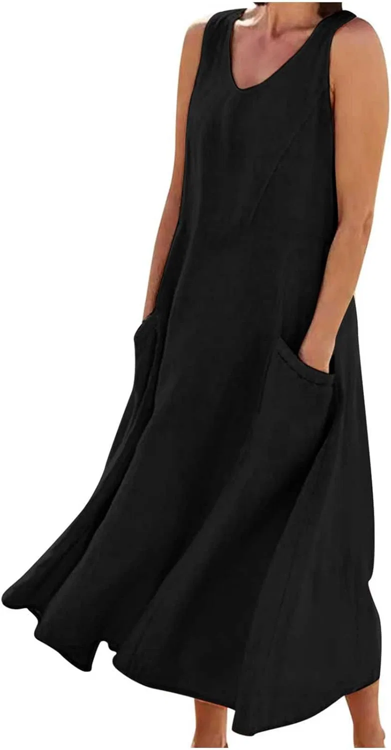 Женское летнее платье свободного кроя V-образным вырезом Cotton Linen, Black
