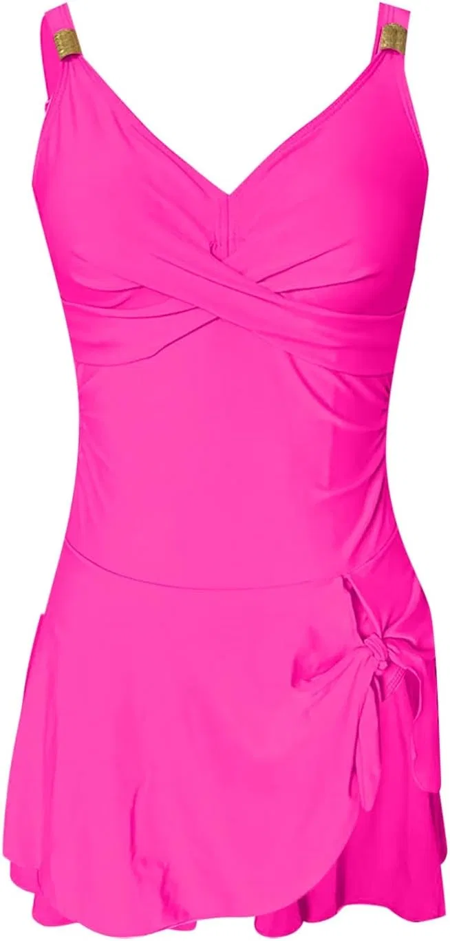 Женский слитный купальник с утяжкой живота, V-образный вырез, Hot Pink — фото 3