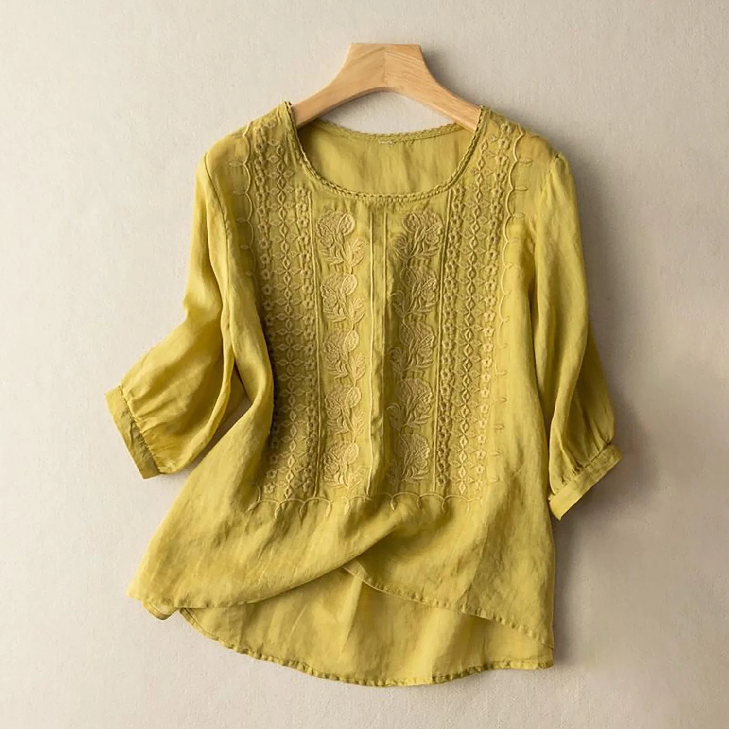 Женская блуза с цветочной вышивкой Cotton Linen Tops, Z23-yellow Linen Shirts for Women — фото 3
