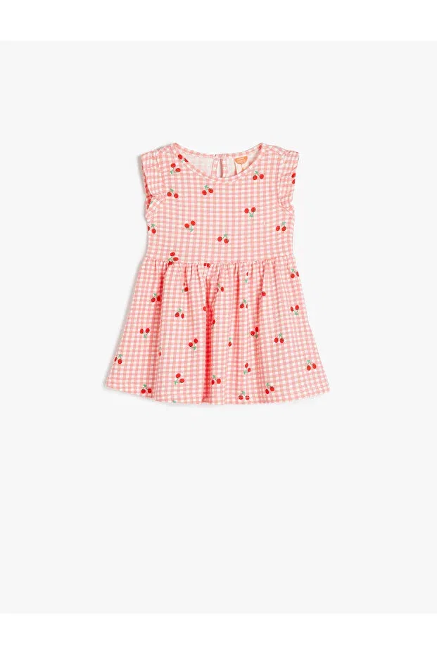 Детское платье для девочек с принтом Ruffle Detail Cherry Print Crew Neck A-Line Cotton Dress Koton, Pink Patterned