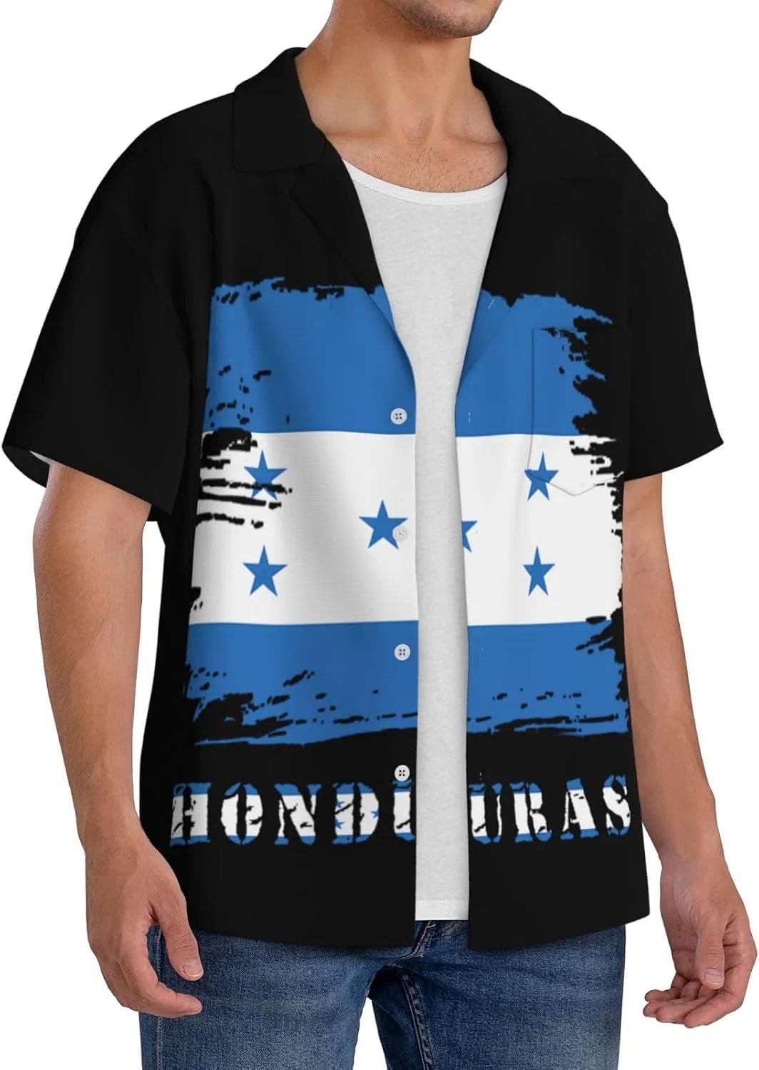 Мужская свободная рубашка с коротким рукавом и кубинским воротником Honduras Flag, Black — фото 2