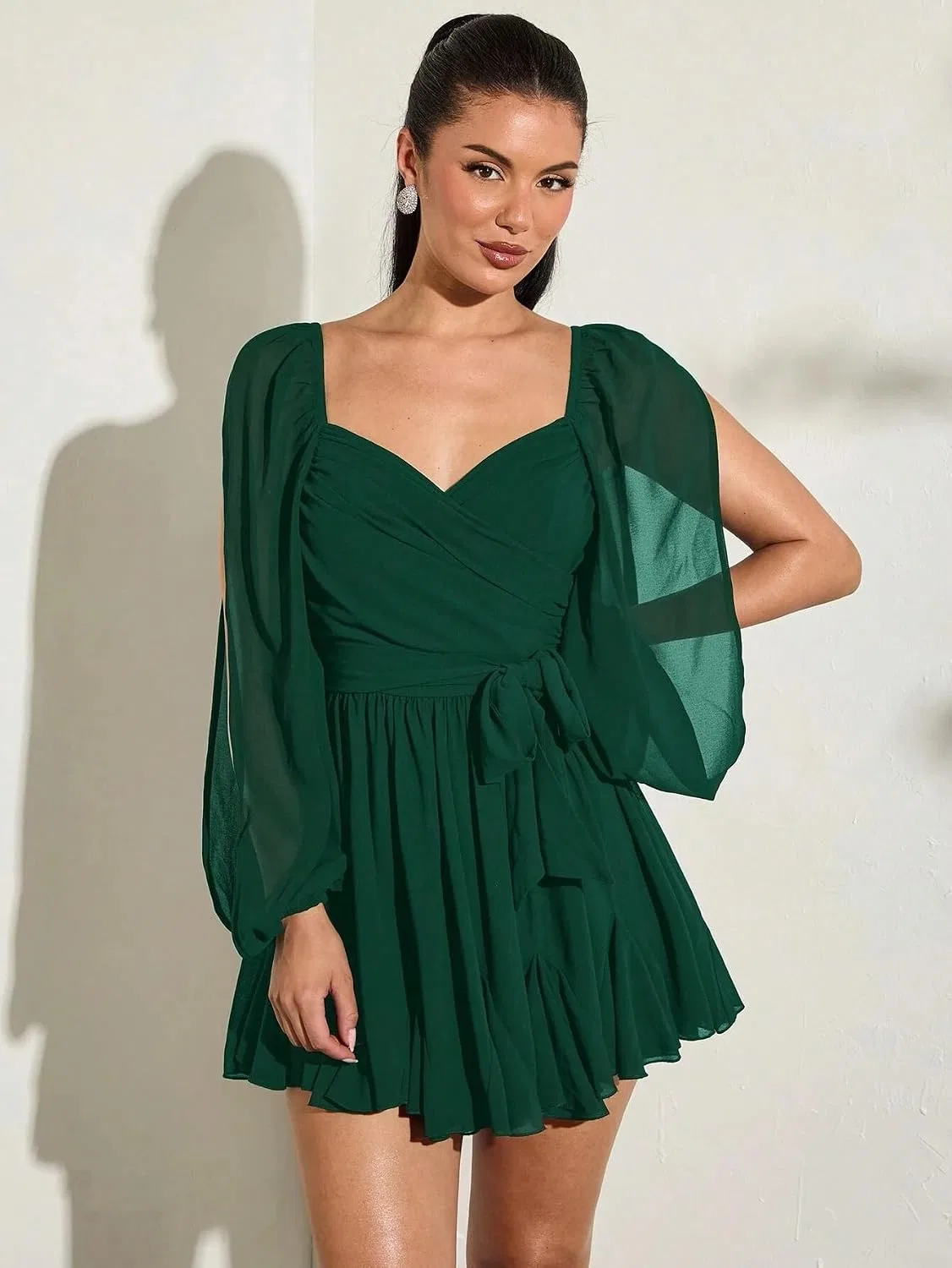 Женское повседневное платье-запах с бантом Womens Casual Wrap Mini Dress, Dark Green — фото 4