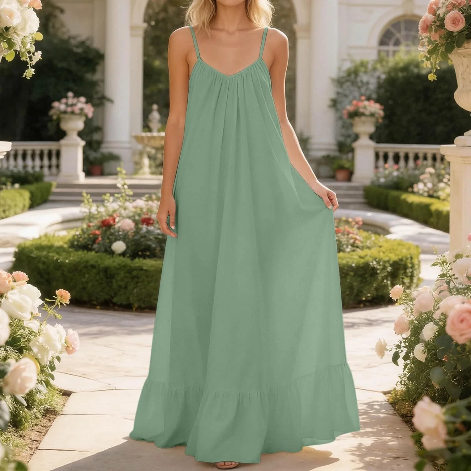 Женское летнее макси-платье на бретелях, A-силуэт, Light Green — фото 2