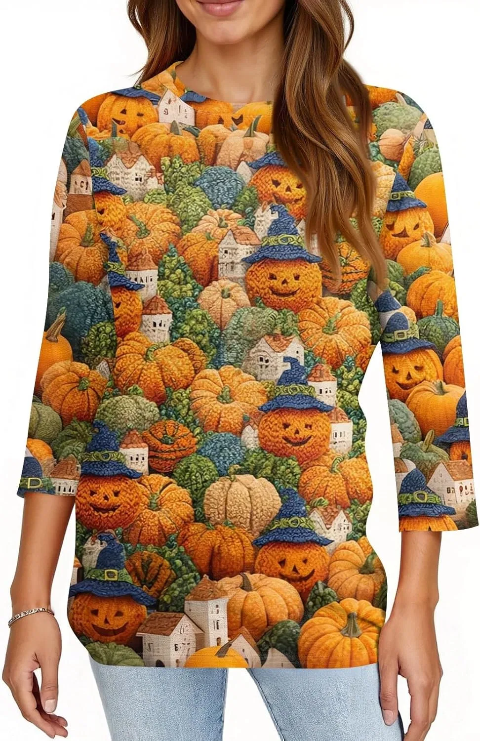 Блуза с принтом, Halloween, 3/4 рукав, свободный крой, 5-green — фото 2