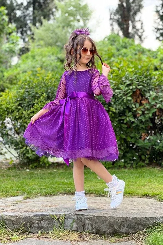 Детское платье для девочек кружевное с поясом Princess model children's evening dress april 23 and graduation dress aby0001 Abiyekids, Purple — фото 3