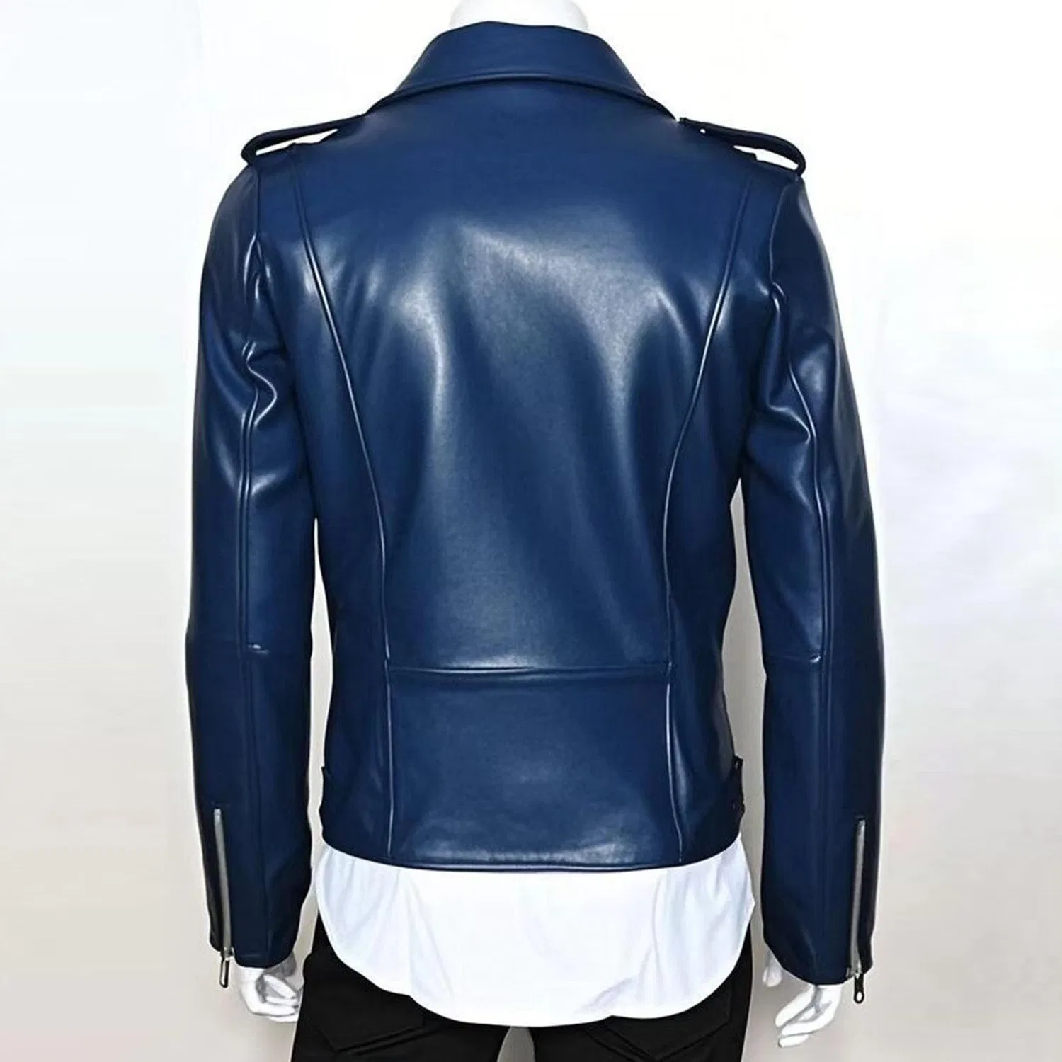 Мужская кожаная куртка-косуха с асимметричной молнией, blue navy — фото 3