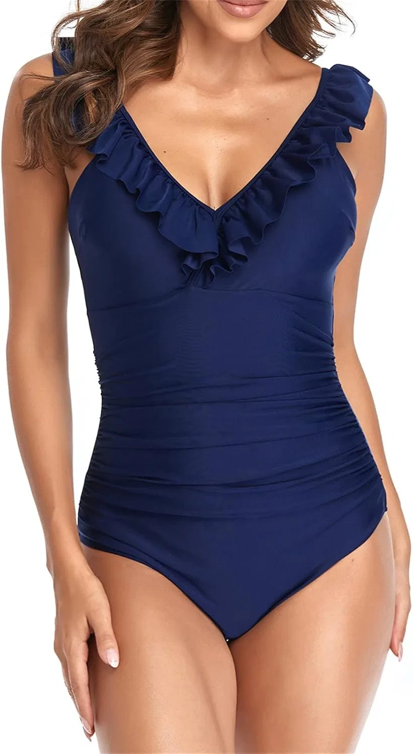 Женский цельнокройный купальник с рюшами V-образным вырезом, Navy Blue