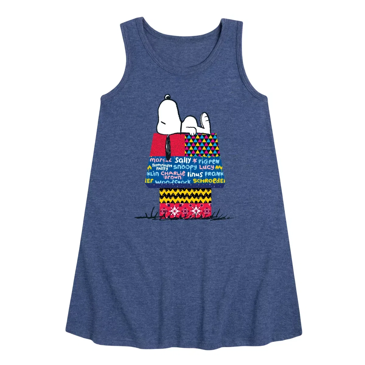 Детское платье-трапеция для девочек без рукавов Snoopy Patchwork Doghouse Peanuts, Heather Navy