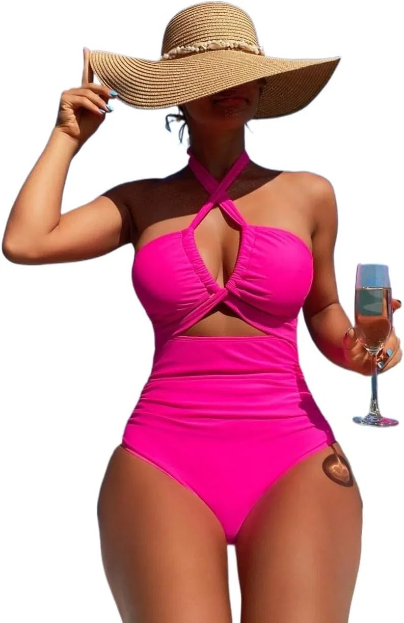 Женский цельный купальник с открытой спиной Halter Neck, Hot Pink