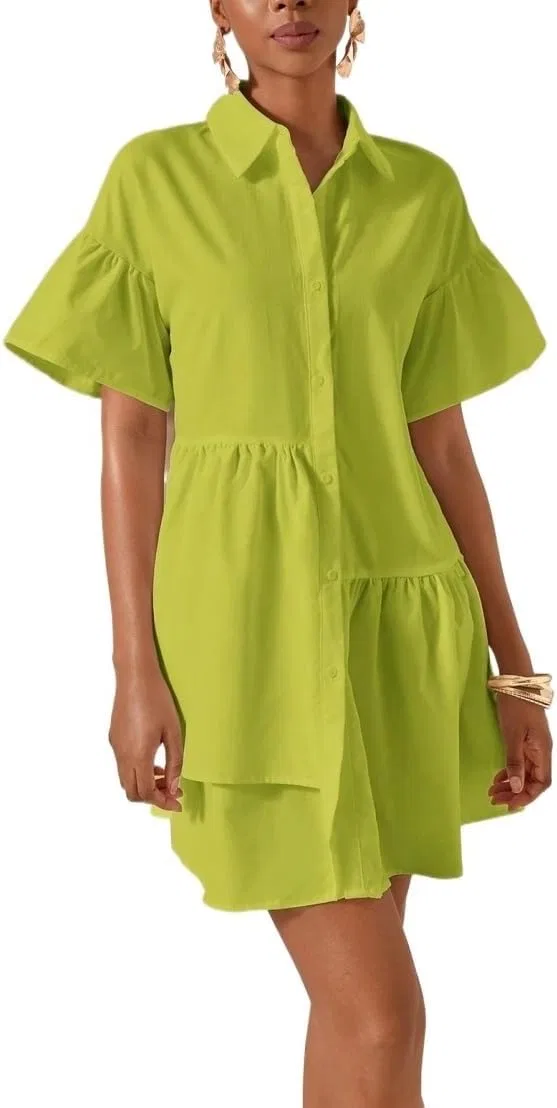 Женское повседневное платье с рюшами, многослойное, короткий рукав, Olive Green