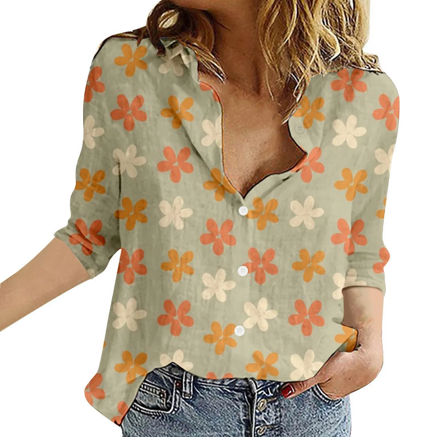 Женская блуза с V-образным вырезом, с принтом в горошек, Classic Polka Dot Collar, Floral-01