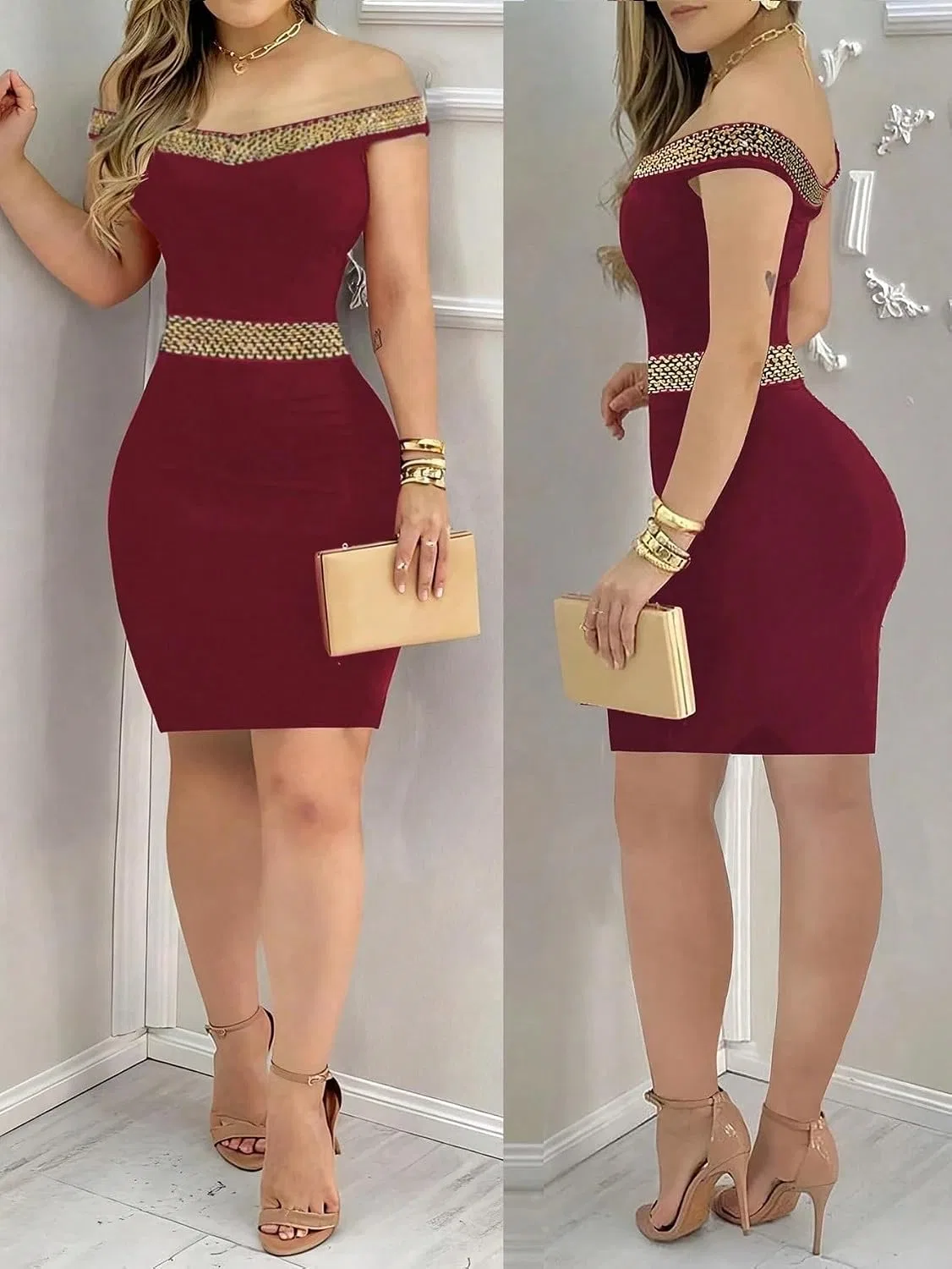 Женское кэжуал миди платье Bodycon Sleeveless Backless, Burgundy — фото 2