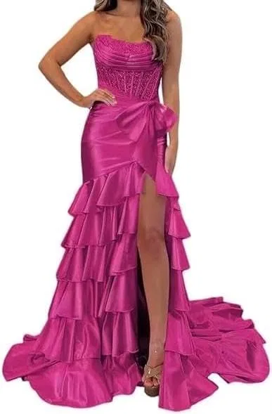 Женское вечернее платье с пайетками и шлейфом, Fuchsia