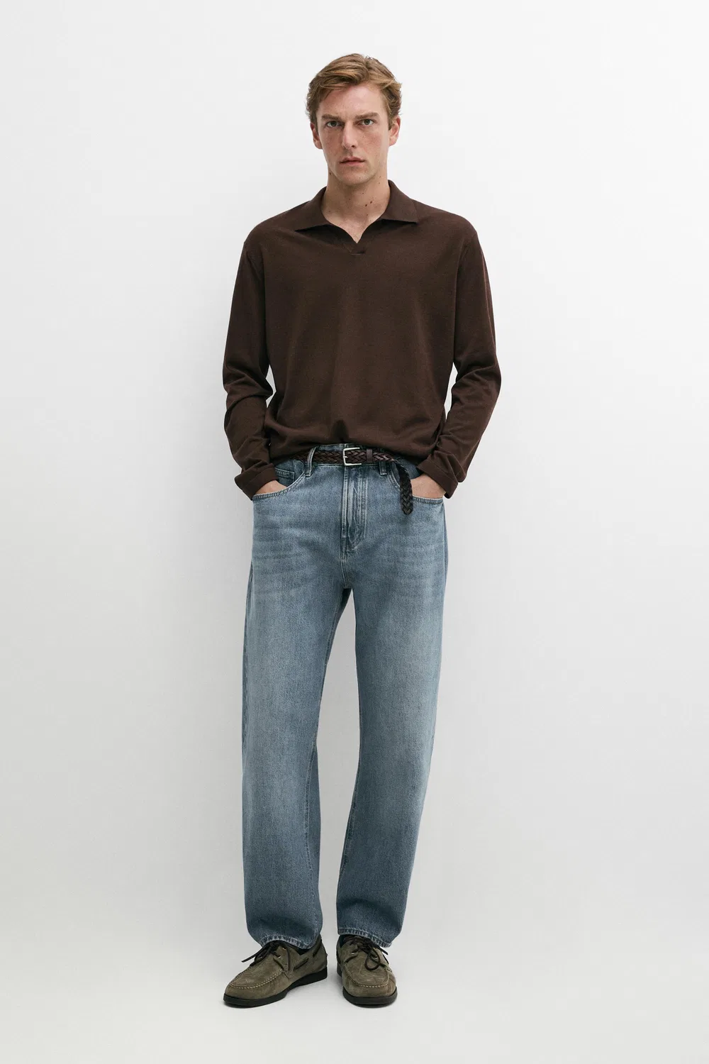 Поло-свитер Massimo Dutti 100% Merino Wool Knit, коричневый — фото 3