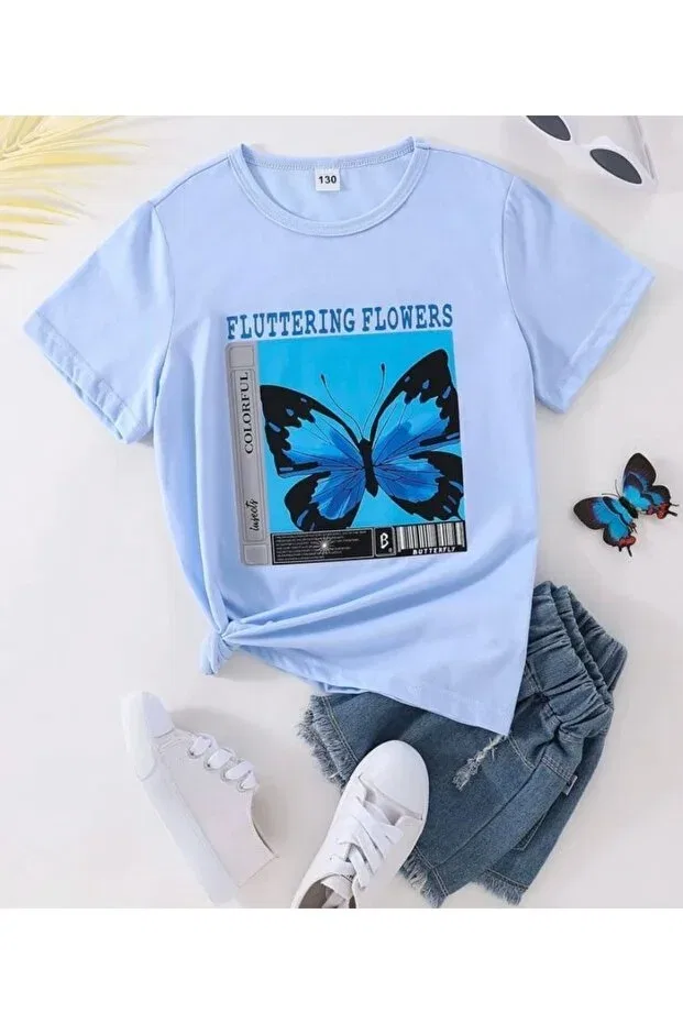 Детская футболка для девочек с принтом Baby Blue Flowers Dreams Butterfly Morning Kids, Babyblue
