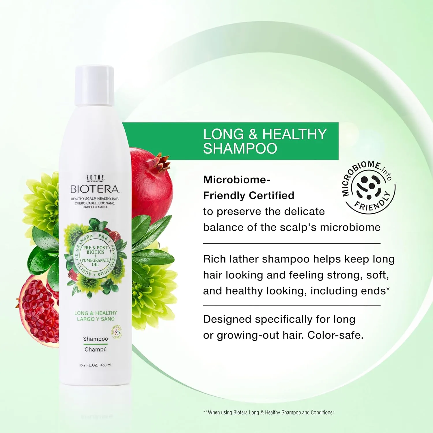 Biotera Long & Healthy укрепляющий шампунь для длинных и растущих волос, дружественный к микробиому, веганский, без парабенов, безопасный для окрашенных волос 946 мл (2 шт.), Green — фото 2