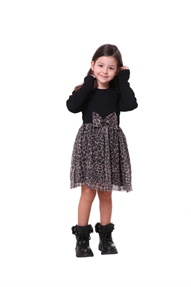 Детское платье для девочек с принтом Tulle Leopard Print Long Sleeve Black Cotton Dress Lila Ribbon, Black