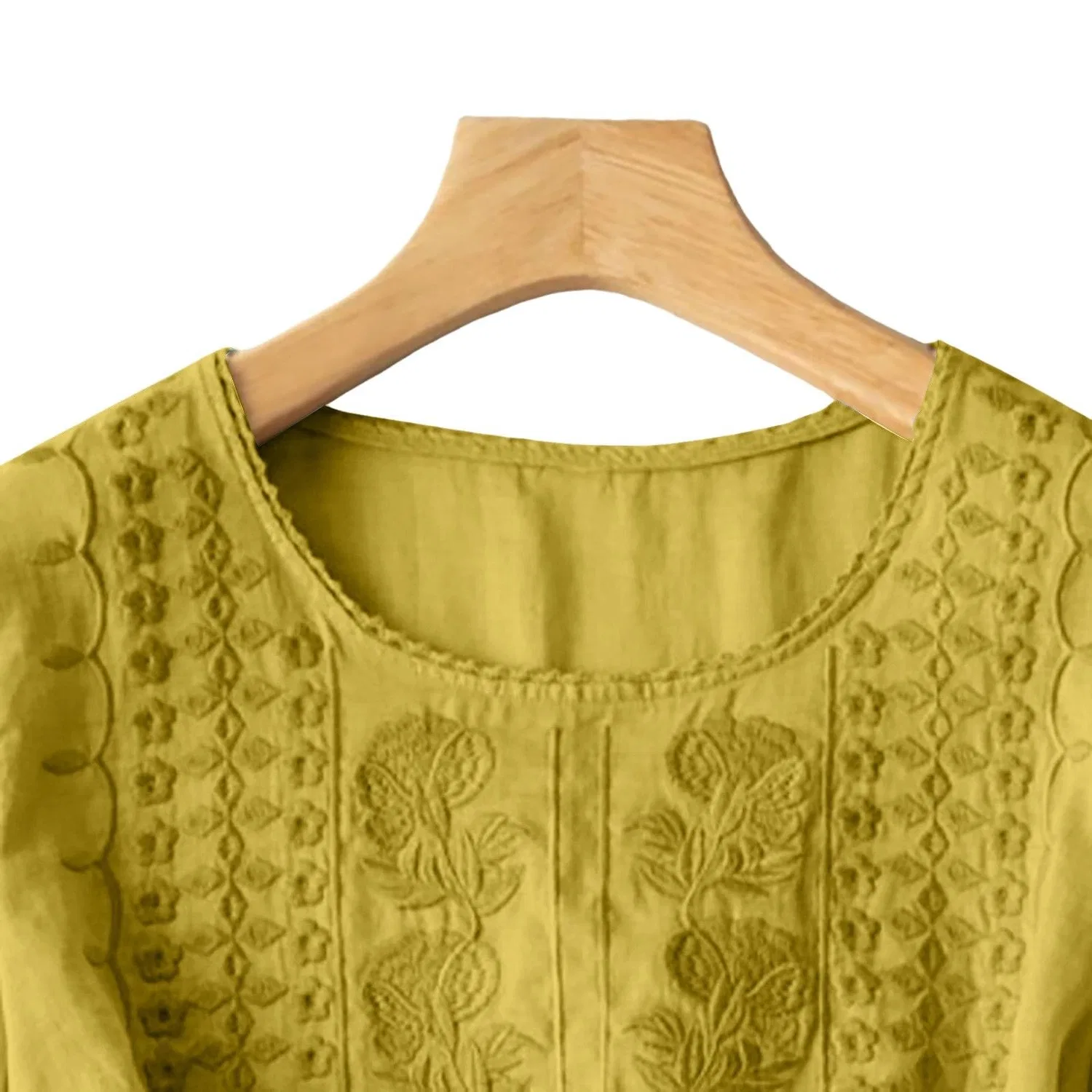 Женская блуза с цветочной вышивкой Cotton Linen Tops, Yellow Linen Shirts for Women — фото 3