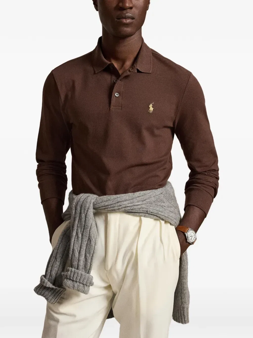 Трикотажная футболка-поло индивидуального кроя Custom slim fit Polo Ralph Lauren, коричневый — фото 3