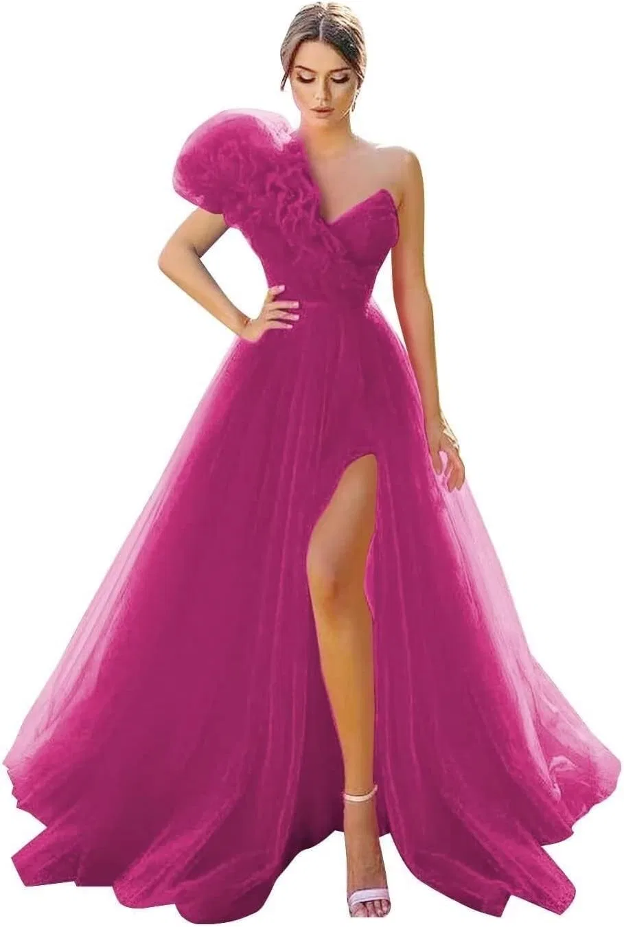 Женское длинное вечернее платье с одним плечом из фатина Fuchsia