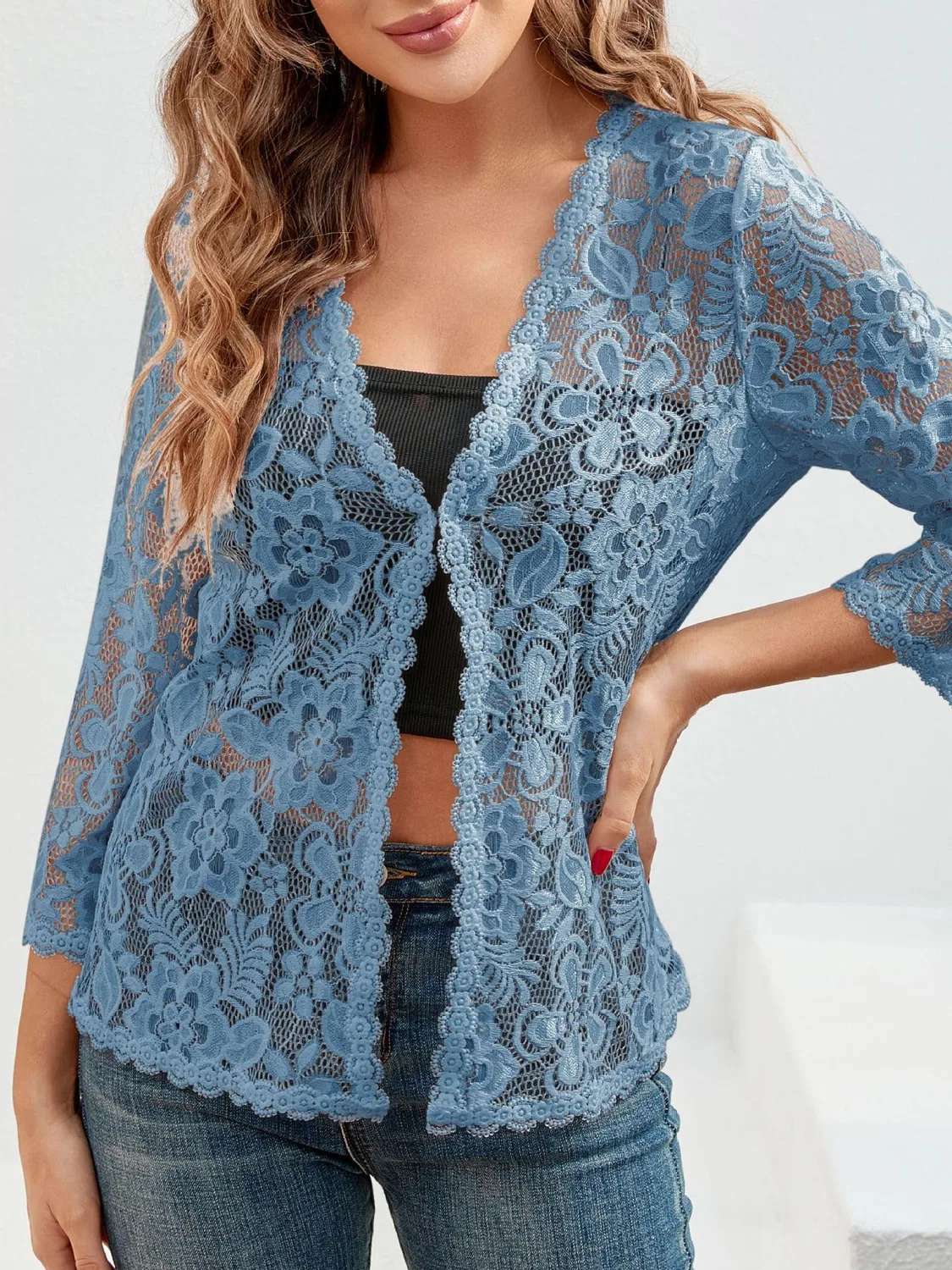 Женский кардиган с цветочным кружевом с рукавом 3/4, модель Bolero, Blue — фото 3