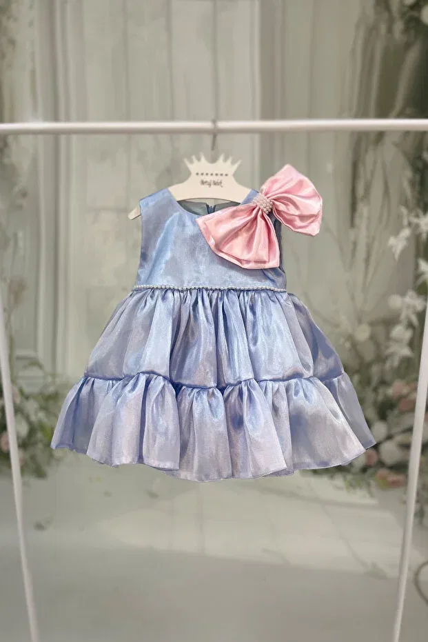 Детское платье для девочек из органзы с принтом Pink Bow Organza Balloon Sleeve Bertuğ Bebek, Blue — фото 4