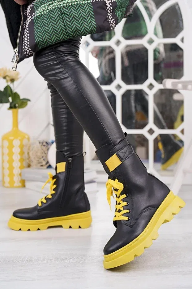 Детские ботинки для девочек с коротким каблуком Ramer, Black Yellow — фото 2