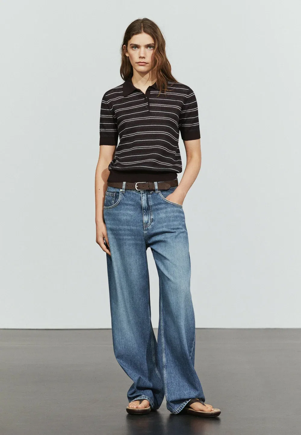 Поло из хлопковой смеси в полоску, ажурной вязки Massimo Dutti, Dark Blue — фото 3