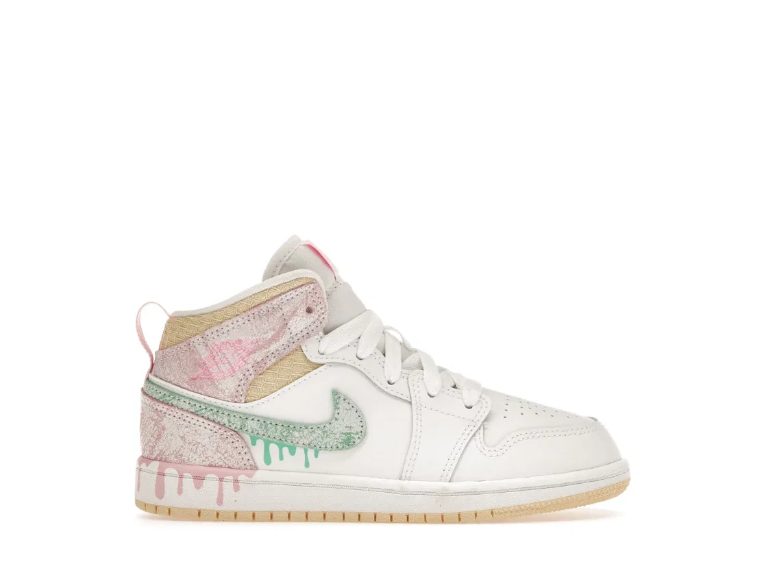 Детские кроссовки для мальчиков с принтом Jordan 1 Mid Paint Drip (PS) Jordan, Color: White/Green Glow-Arctic Punch