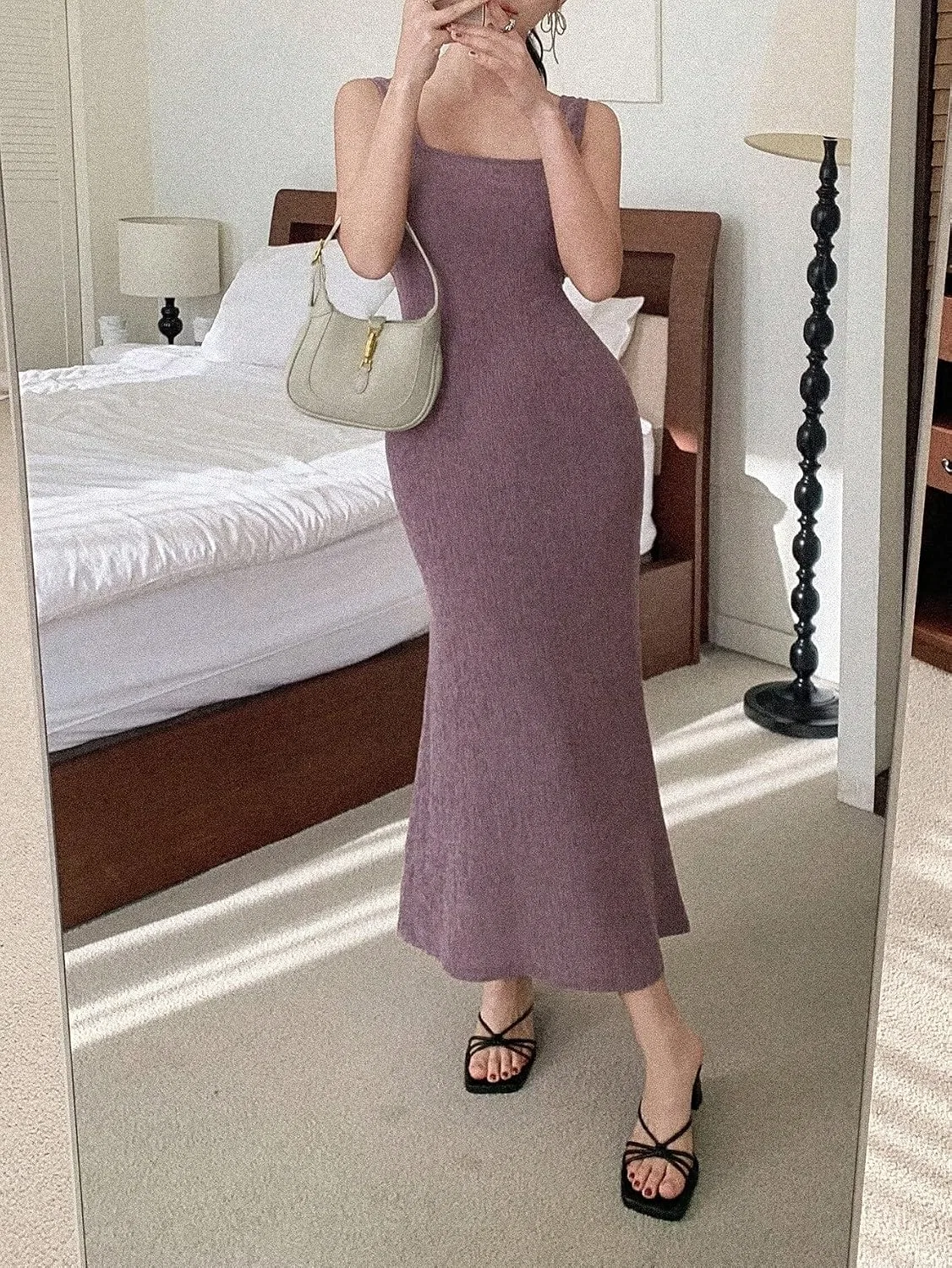 Женское повседневное миди-платье с квадратным вырезом, Mauve Purple — фото 4