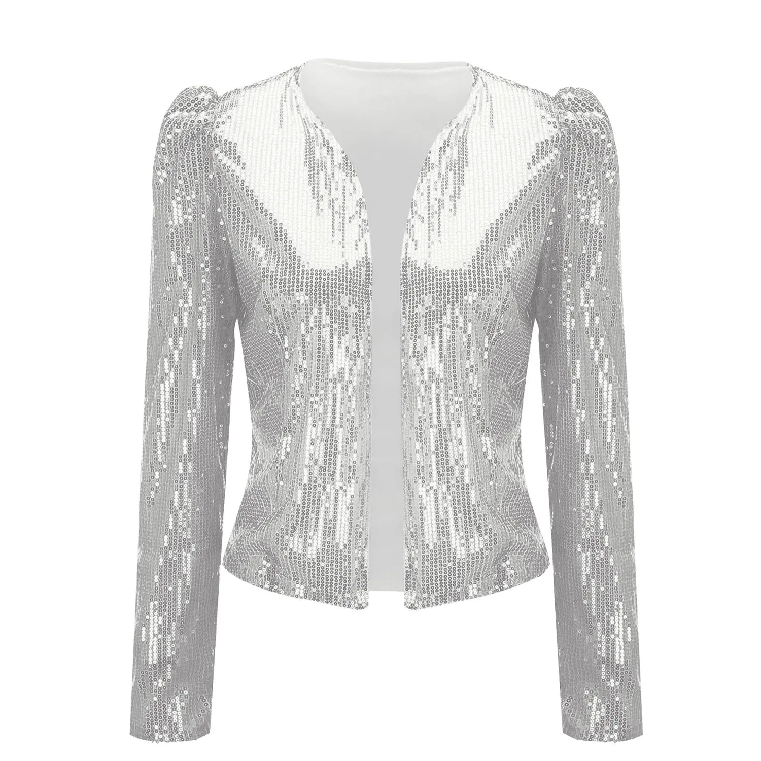 Женская куртка с пайетками Sequin Top Women Sparkly Short Jacket Casual Shiny Blazer Party Coat Solid Color Tops Long Sleeve Open Front Cardigan Glitter Disco Bomber Jacket Y2K Elegant Jacket, Argento — фото 2