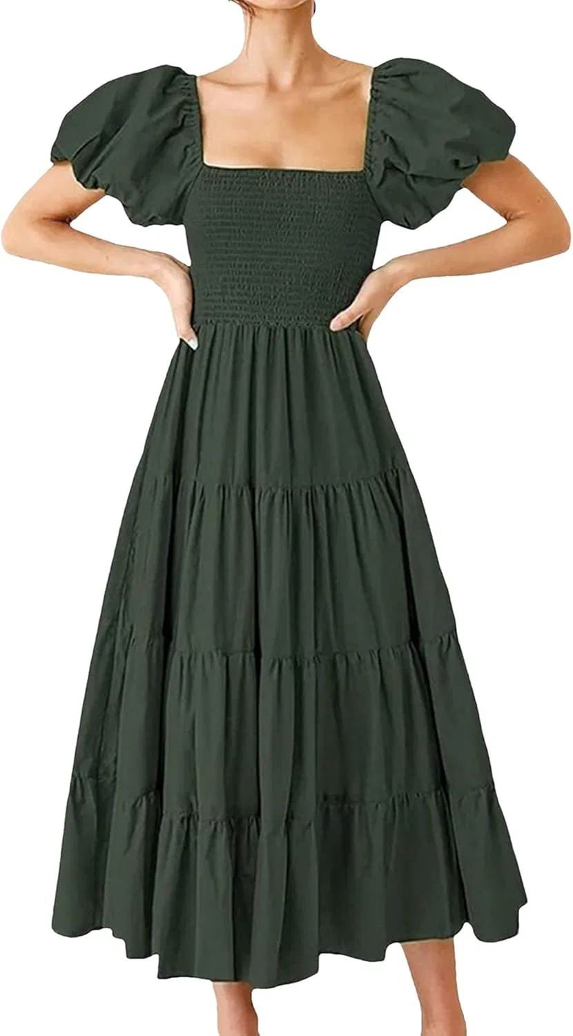Женское летнее макси-платье с пышными короткими рукавами, Army Green