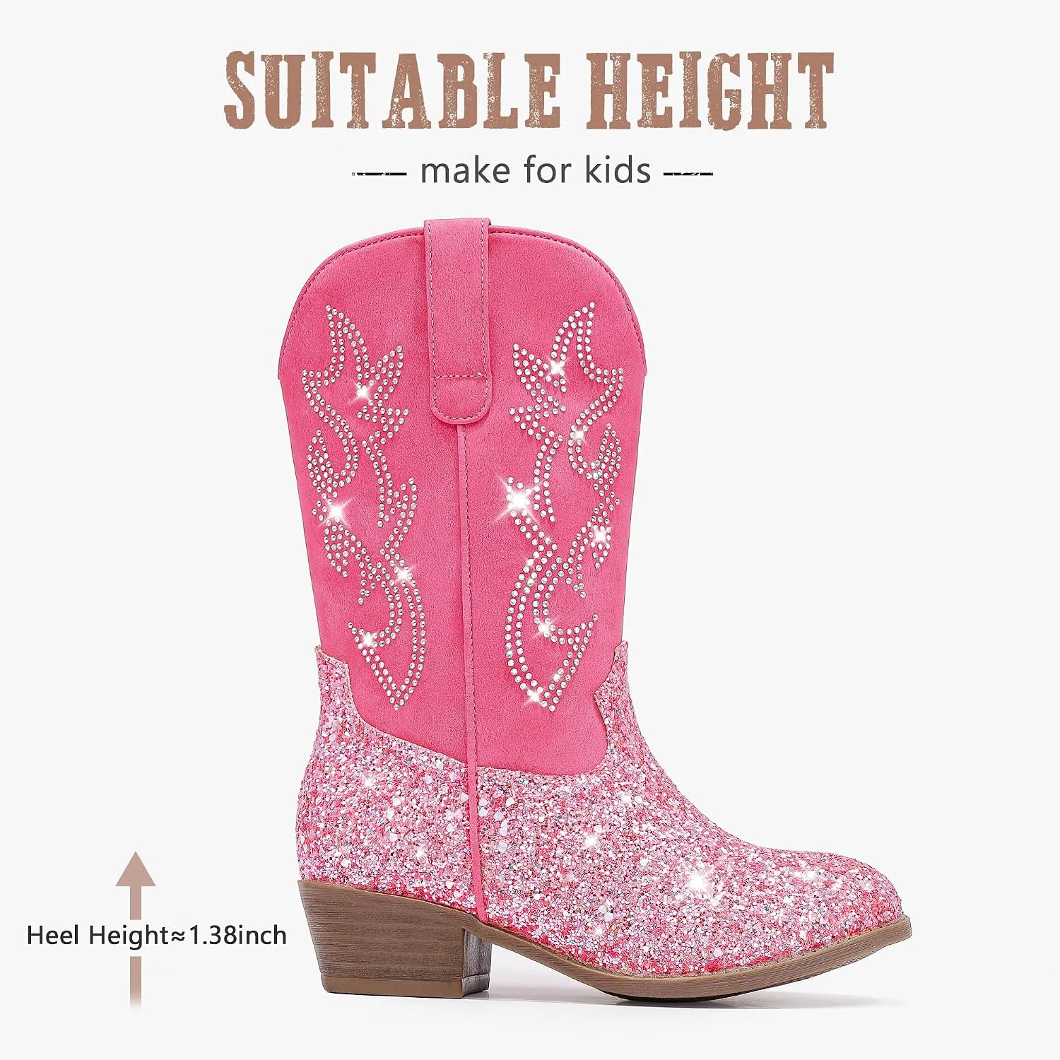Детские сапоги для девочек с принтом Cowboy Boots for Girls Rhinestone Cowgirl Boots Little Big Kid LAURMOSA, Pink Sequin — фото 4