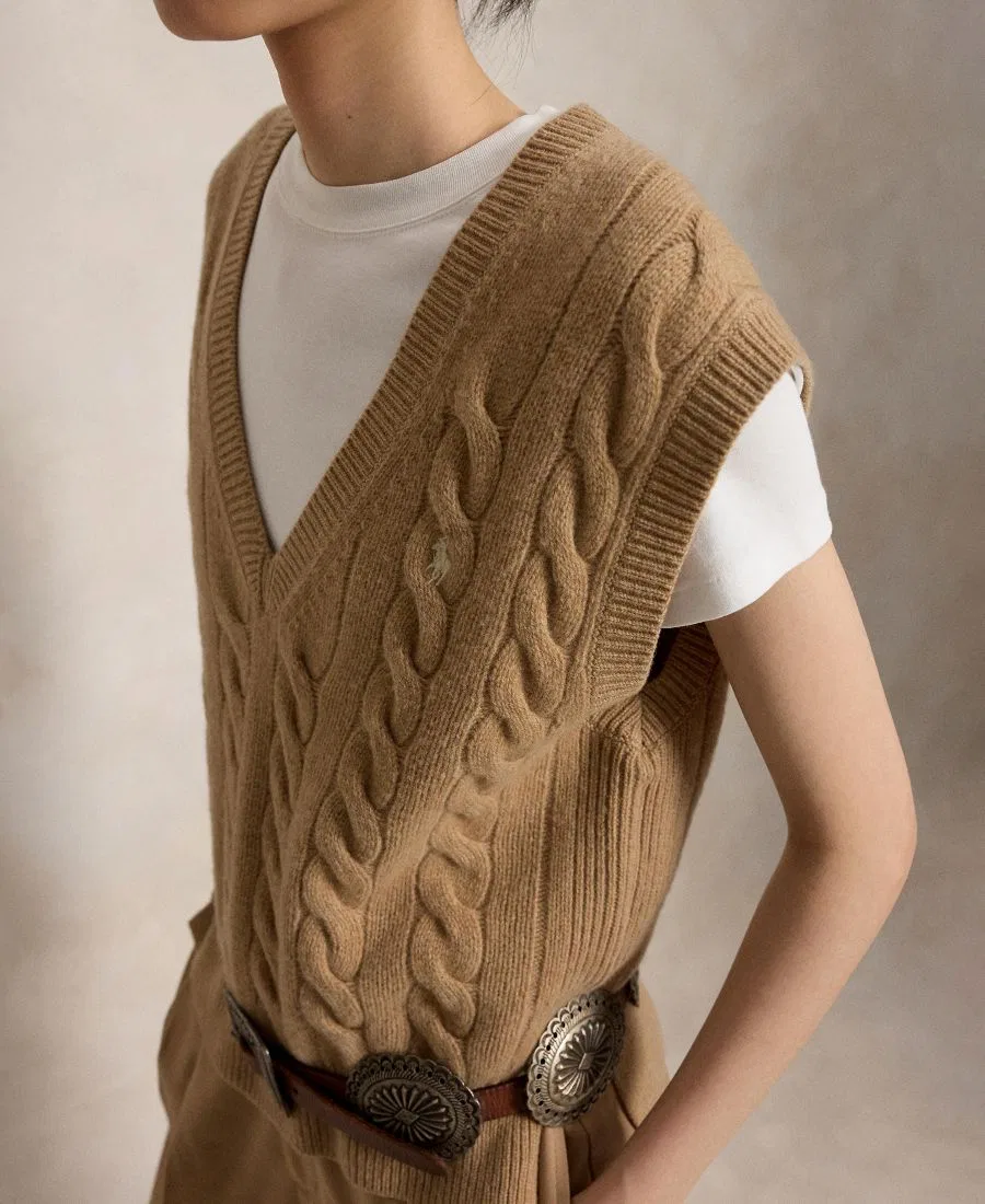Женский жилет без рукавов с V-образным вырезом, модель Collection Camel Melange Polo Ralph Lauren, Collection Camel Melange — фото 4