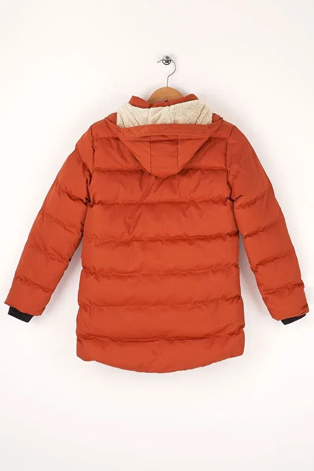 Детское пальто для девочек утепленное с капюшоном Furry Hooded Boy's Tile Coat Mika Bebek & Çocuk, Tile — фото 4