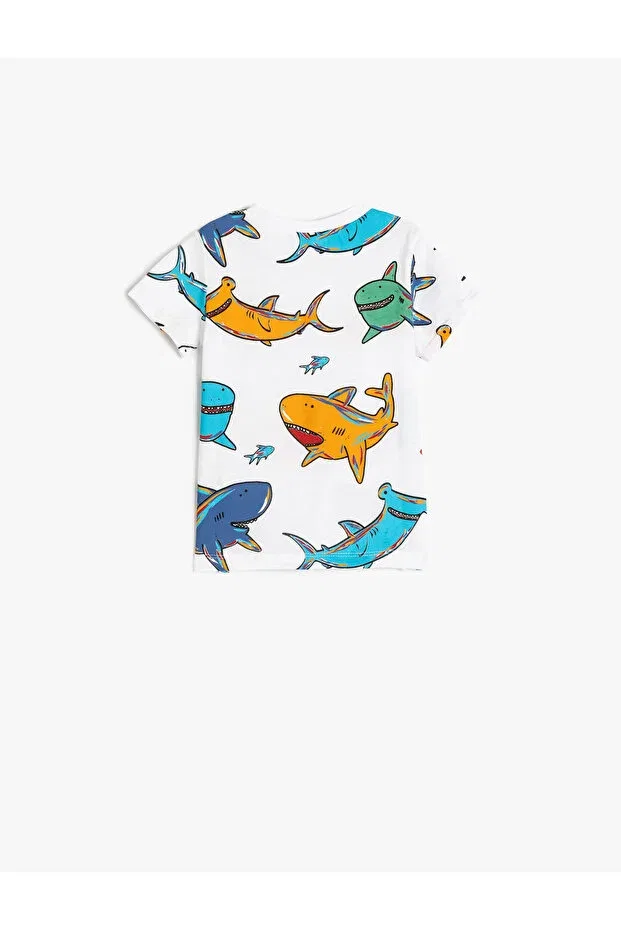 Детская футболка для мальчиков с принтом Shark printed cotton ecru baby boy t-shirt Koton, Ecru Patterned — фото 2