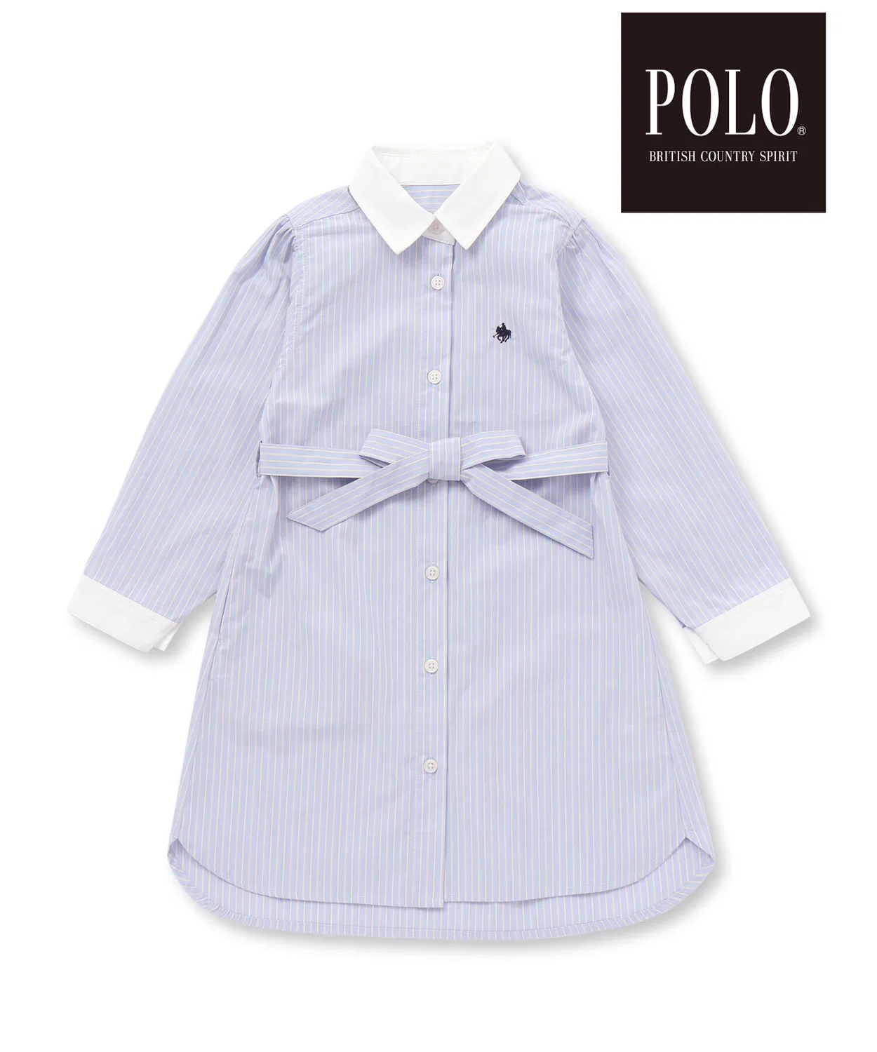 Детское платье-рубашка с длинным рукавом в полоску, с поясом, POLO BCS × SLAP SLIP, Blue