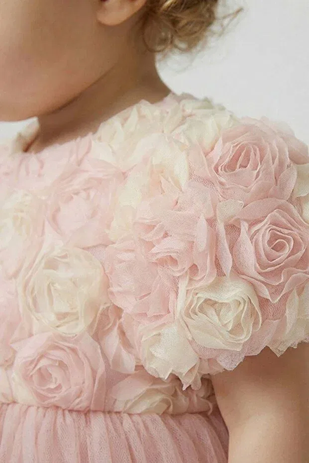 Детское платье для девочек с принтом Rose Detailed Bowknot Baby Evening Dress Cantoy, Powder — фото 3