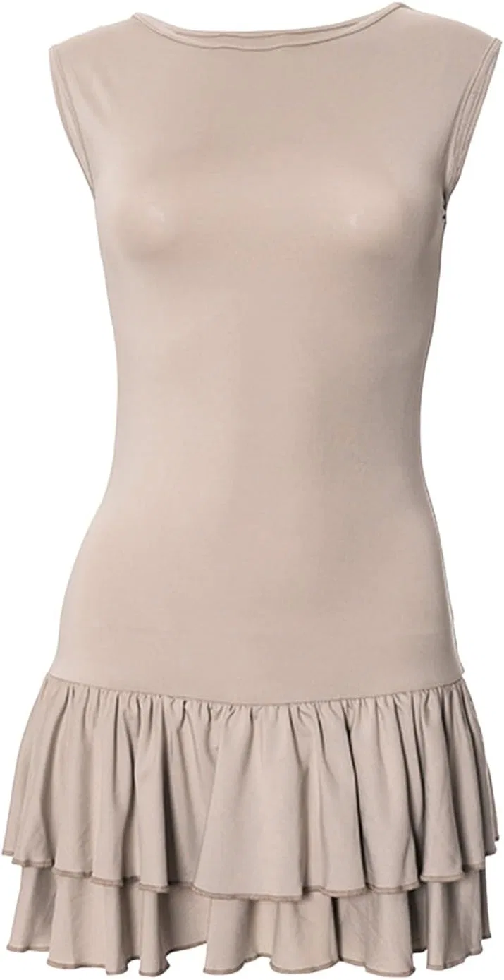 Женское мини-платье с двойным слоем и рюшами Bodycon, Beige — фото 3